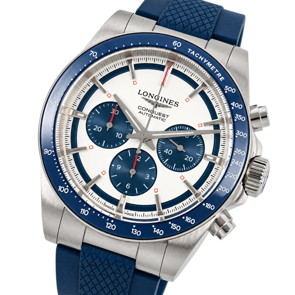 Longines Conquest Automatic Chronograph White Dial Blue Bezel