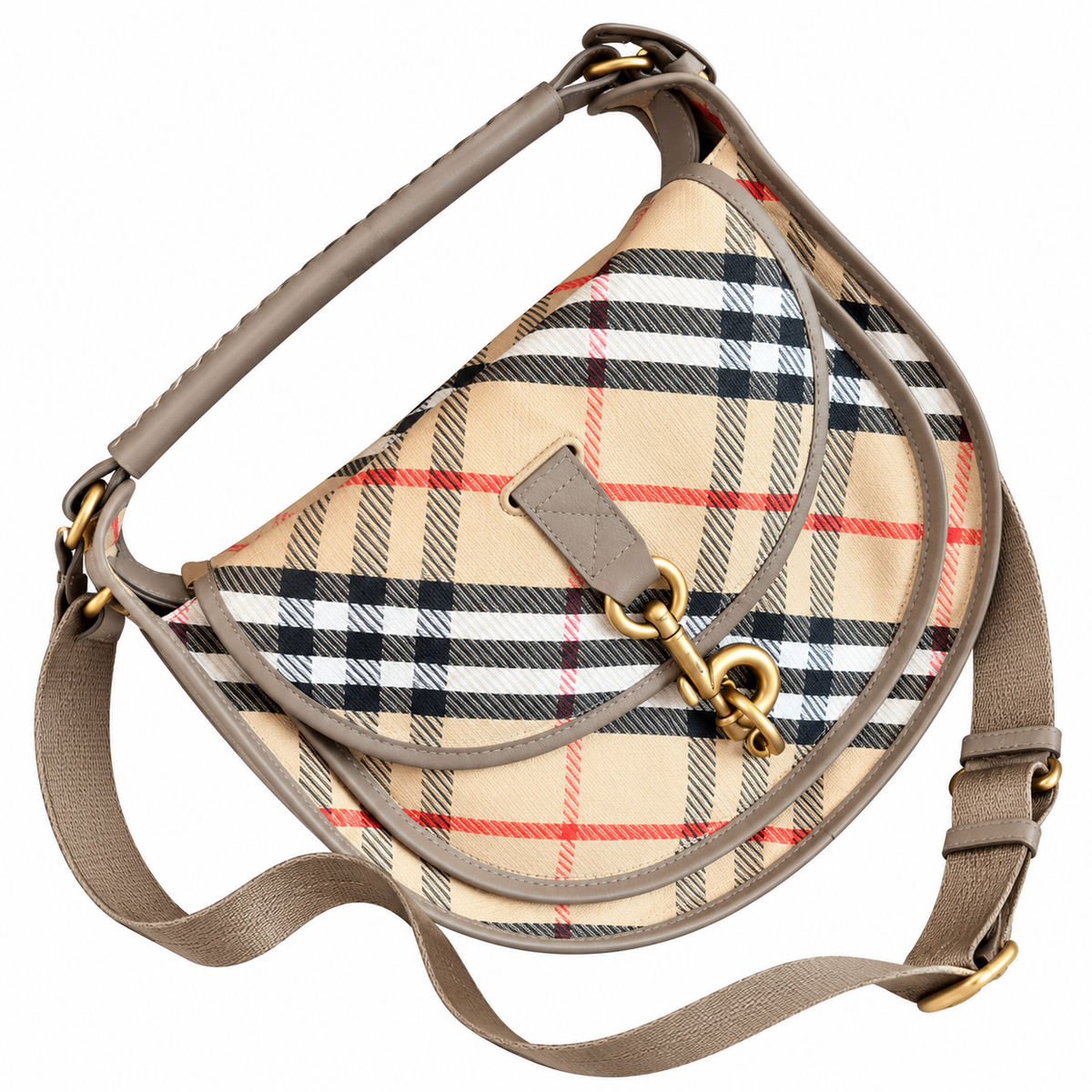 Burberry Heritage Check Saddle Bag with Taupe Trim