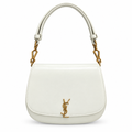 Saint Laurent YSL Voltaire structured saddle flap shoulder bag in white smooth calfskin leather with geometric antique gold hardware and YSL monogram