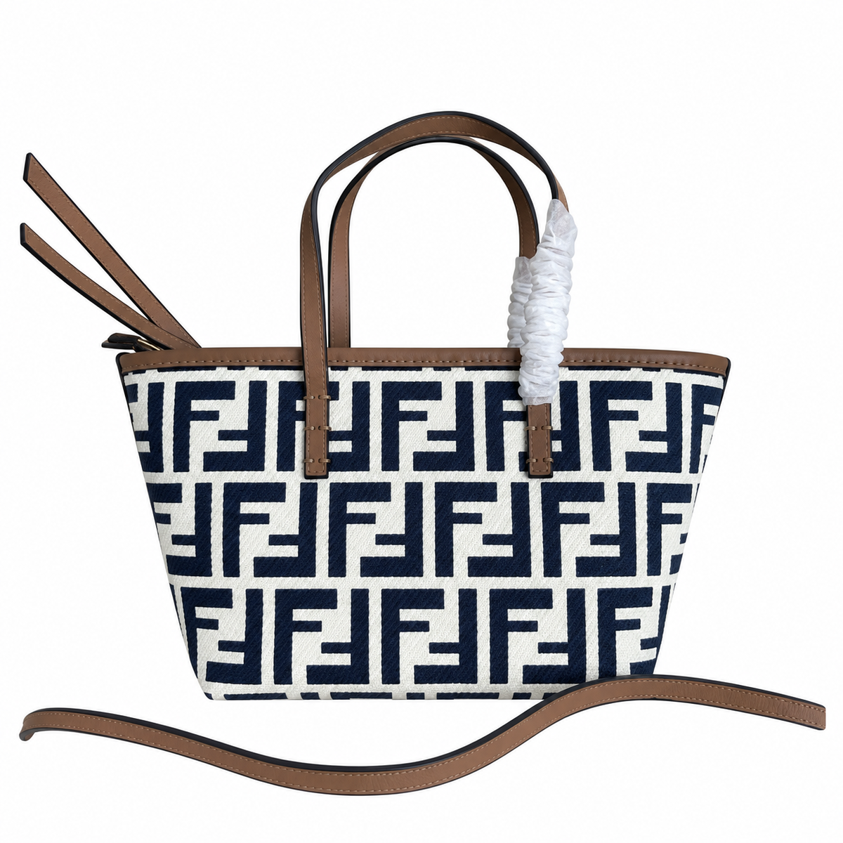 Fendi FF Medium Tote Bag – Jacquard Canvas & Leather Handles, Open Top, 23cm