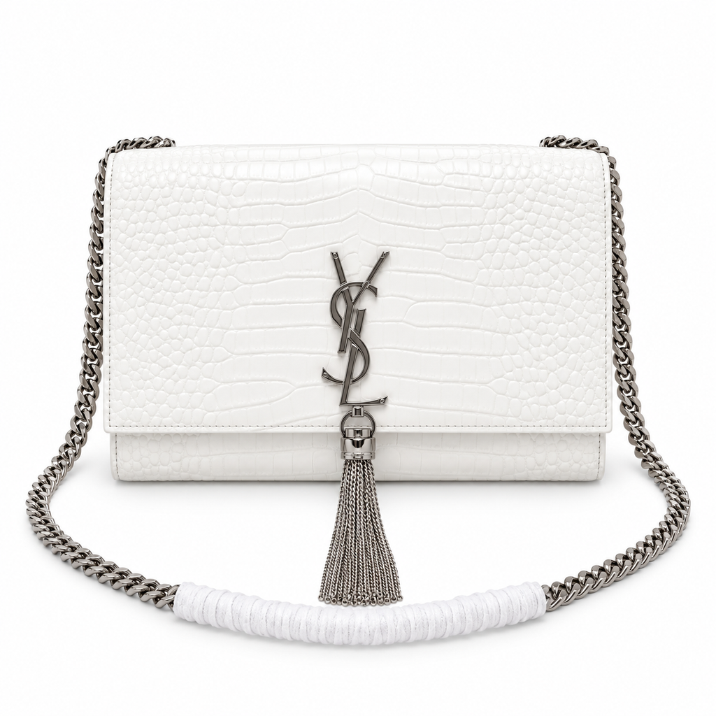Saint Laurent YSL Kate Tassel chain crossbody bag in white croc-embossed leather with silver YSL monogram silver curb chain and silver silk tassel