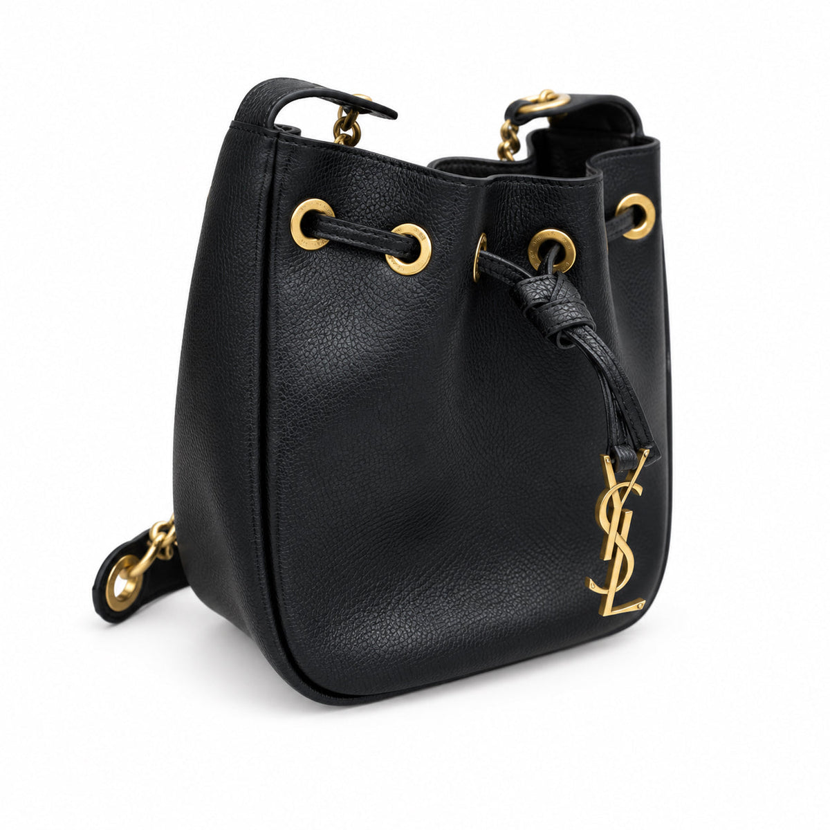 YSL Paris Drawstring Leather Bucket Bag Black