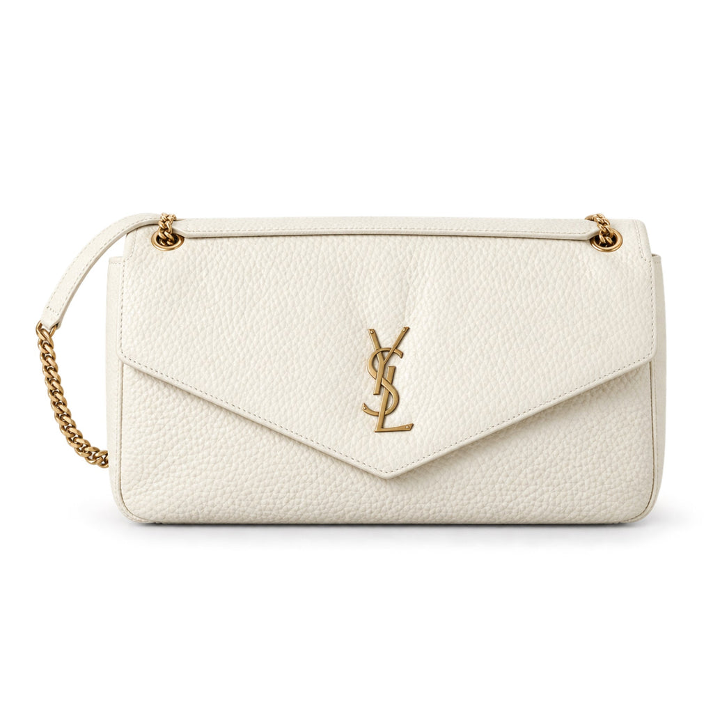 Saint Laurent YSL Calypso envelope chain crossbody bag in cream off-white grained calfskin leather with gold YSL monogram