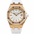 Audemars Piguet Royal Oak Offshore Ladies Rose Gold White Ceramic Diamond Bezel White Tapisserie Dial Rubber Strap