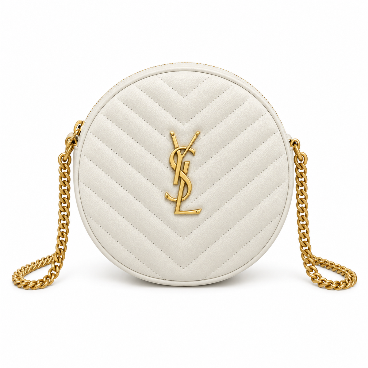 YSL Saint Laurent Vinyle Round Chain Bag in Cream Matelassé Leather