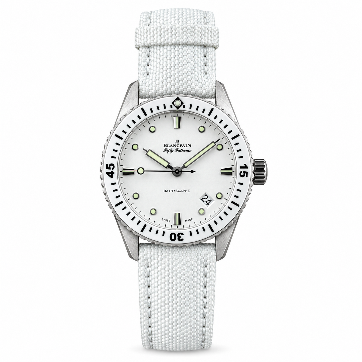 Blancpain Fifty Fathoms Bathyscaphe white dial with white ceramic bezel and canvas strap