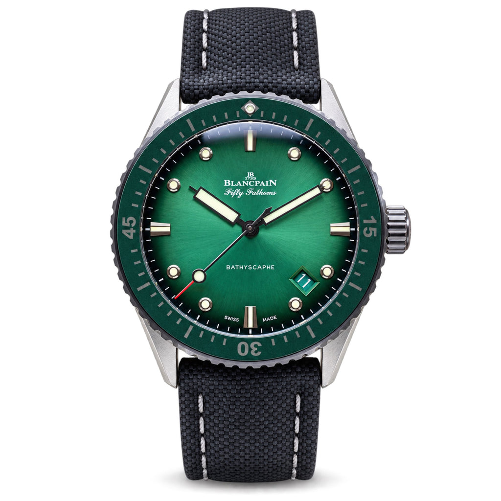 Blancpain Fifty Fathoms Bathyscaphe green sunburst dial steel case with date window and black canvas strap