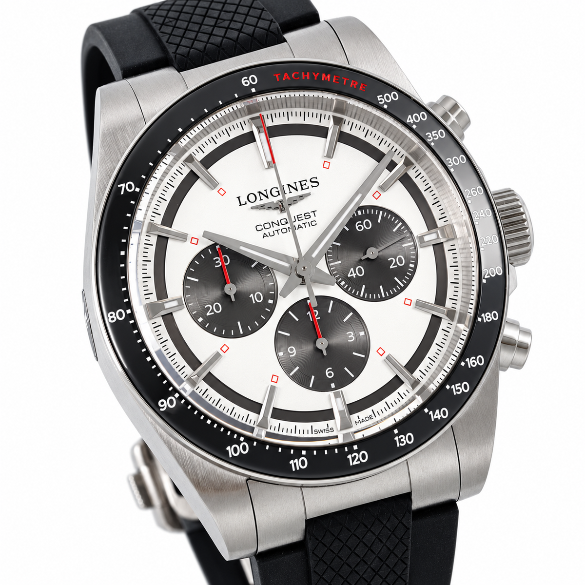 Longines Conquest Automatic Chronograph White Dial Red Accents
