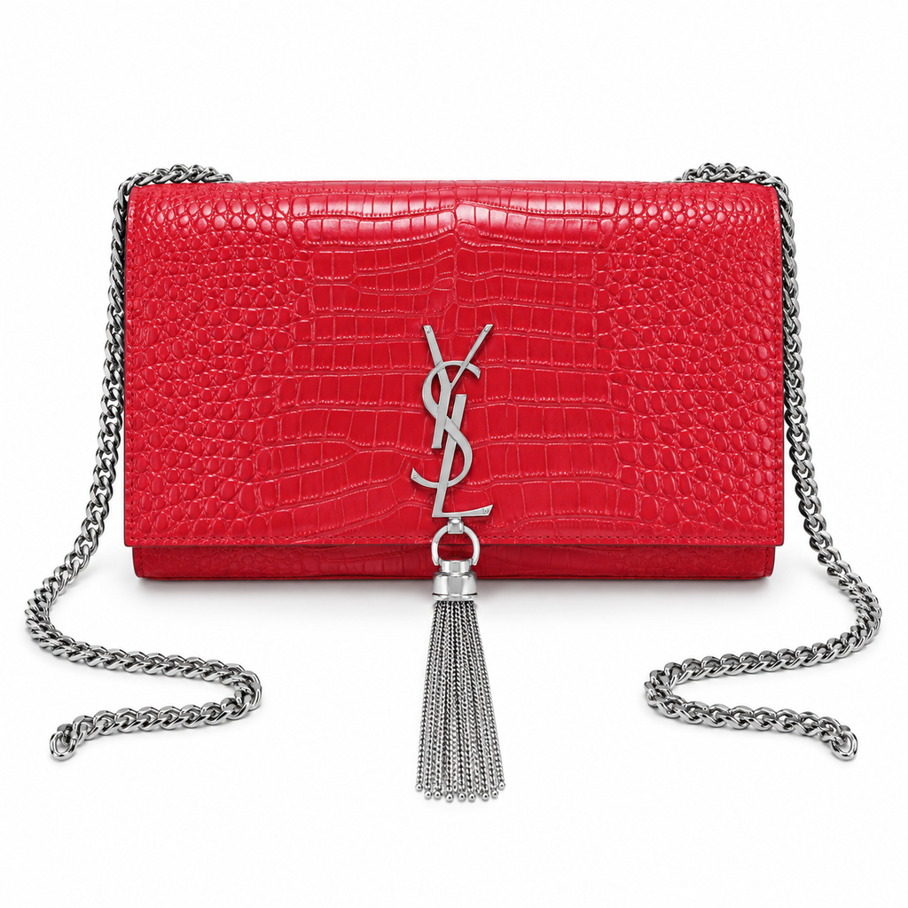 Saint Laurent YSL Kate Tassel chain crossbody bag in red croc-embossed patent leather with silver YSL monogram silver curb chain and silver silk tassel