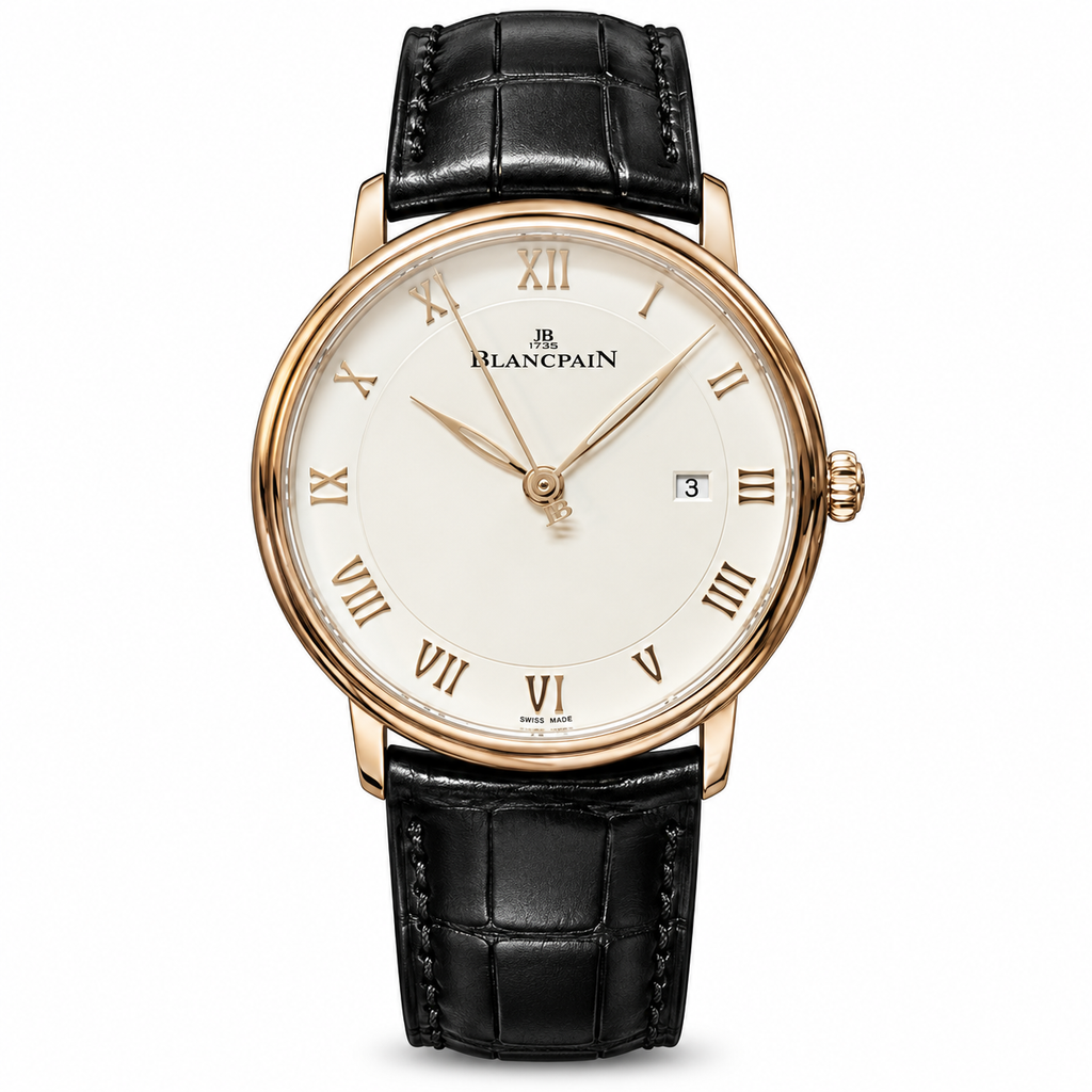 Blancpain Villeret ultra-slim 18k rose gold ivory dial Roman numerals date black alligator strap automatic dress watch