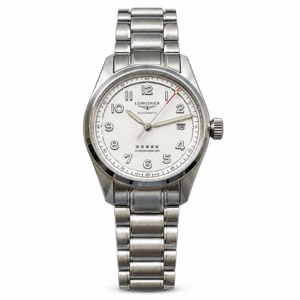 Longines Spirit white dial red seconds hand stainless steel bracelet COSC five-star chronometer automatic pilot watch