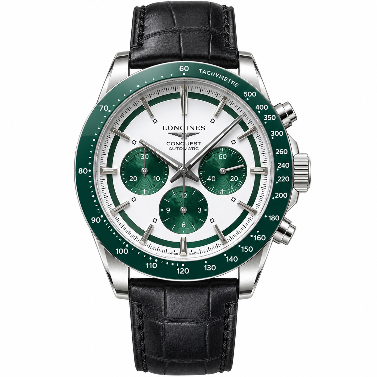 Longines Conquest Automatic Chronograph with green bezel, white panda dial and black leather strap