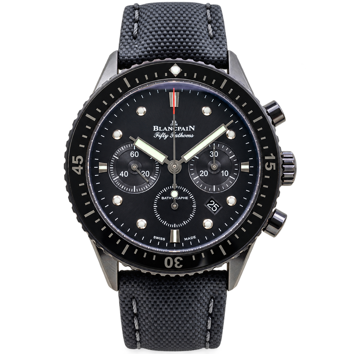 Blancpain Fifty Fathoms Bathyscaphe Chronograph all black ceramic bezel dark grey canvas strap