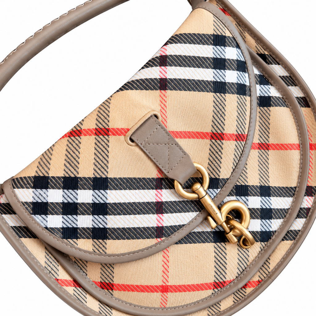 Burberry Heritage Check Saddle Bag with Taupe Trim