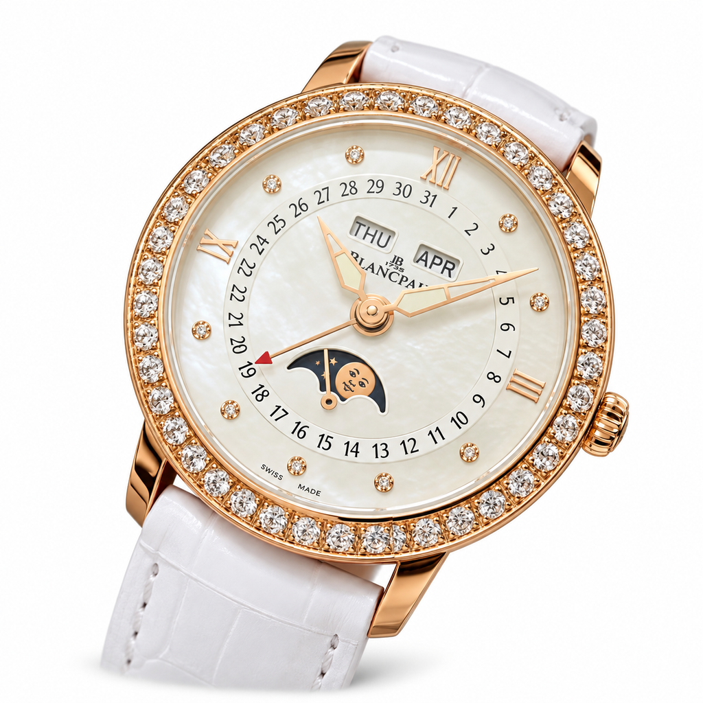 Blancpain Villeret Moonphase Full Calendar Rose Gold Diamond Bezel Ladies Watch