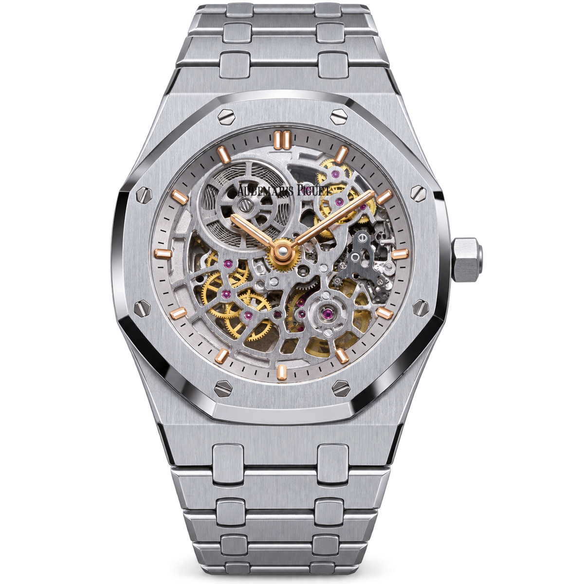 Audemars Piguet Royal Oak Openworked Skeleton Stainless Steel Rose Gold Hands