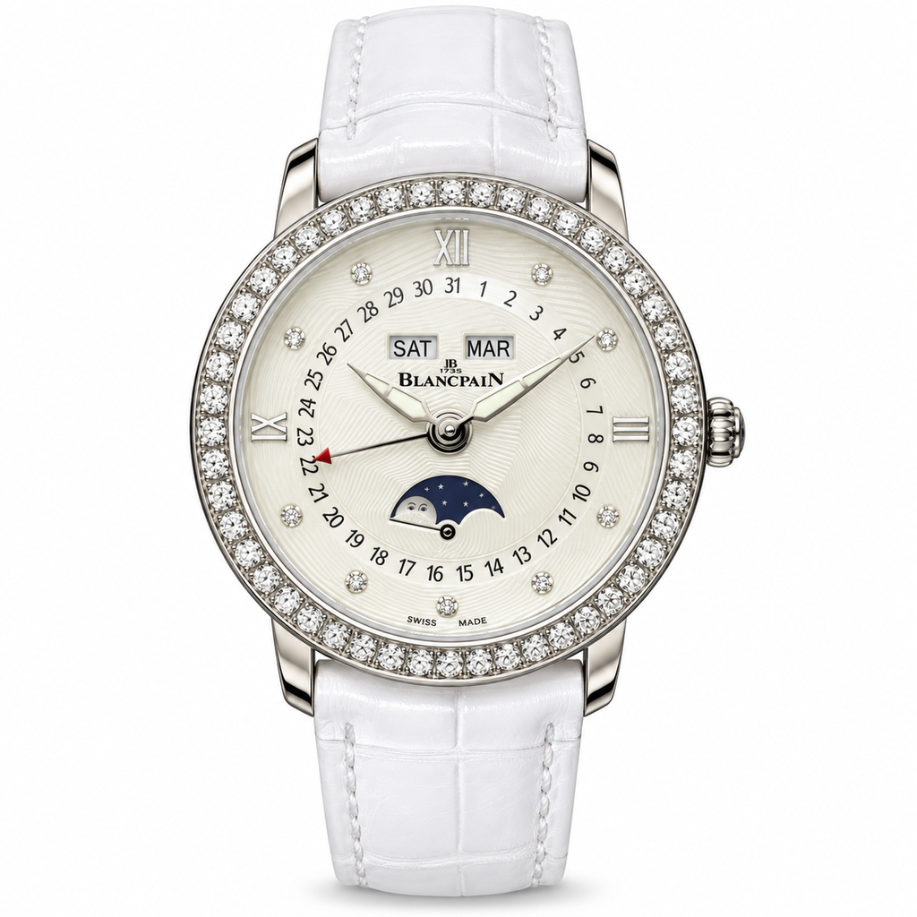 Blancpain Villeret full calendar moonphase ivory guilloché dial diamond bezel white gold diamond hour markers white alligator strap ladies watch