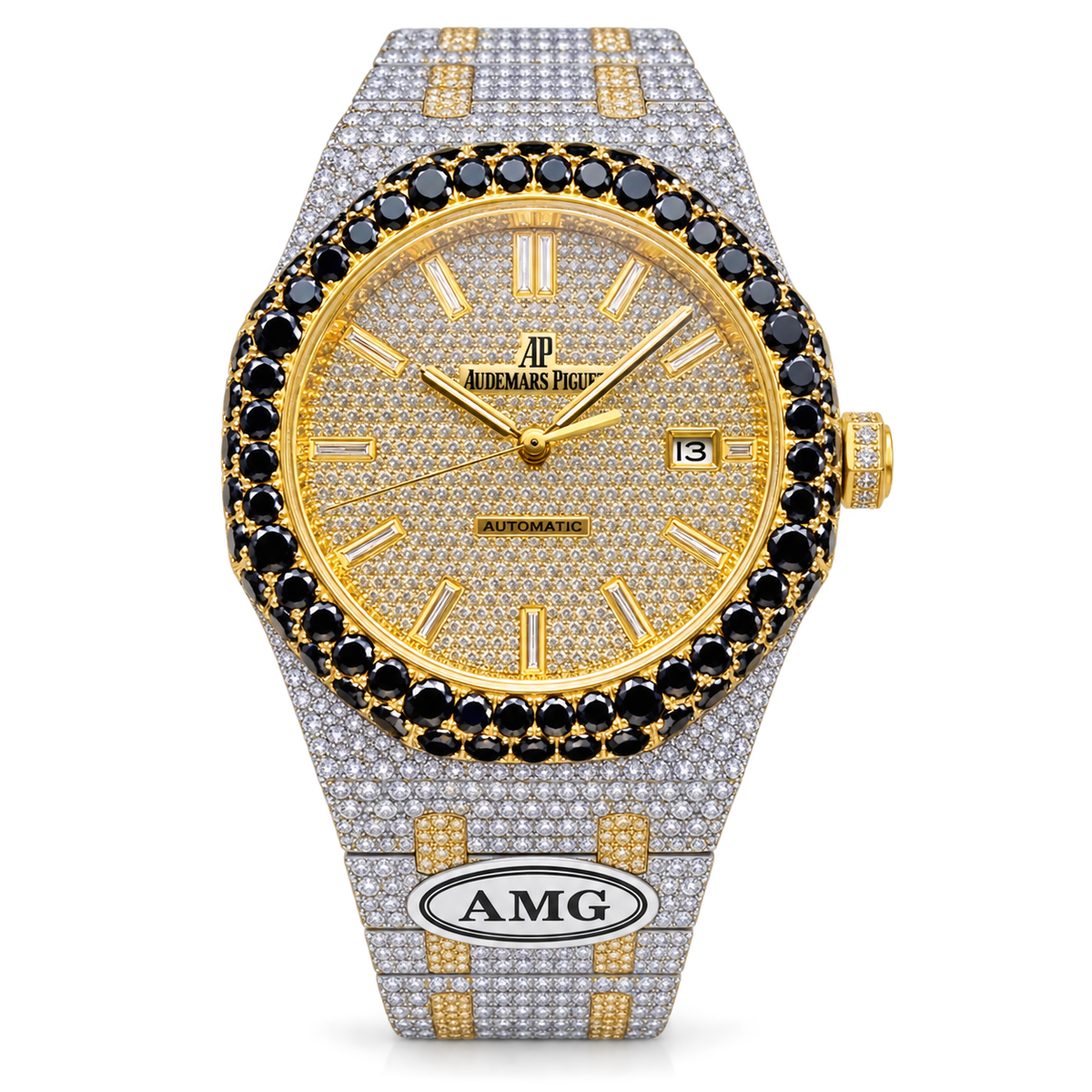 Audemars Piguet Royal Oak Iced Out Yellow Diamond Pavé Black Gem Bezel Two-Tone Bracelet AMG Clasp 41mm