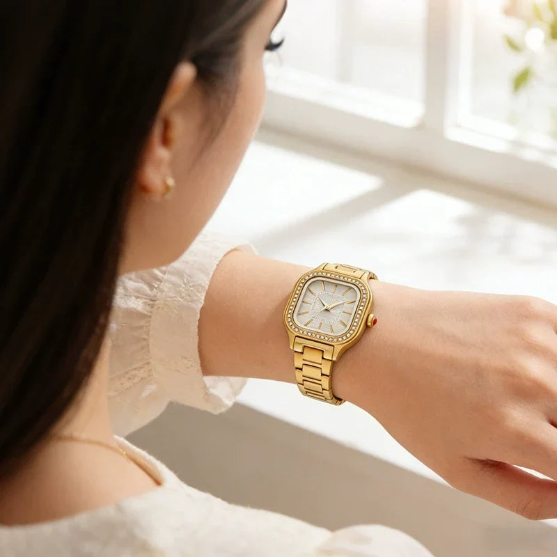 Women's Luxury Square Watch 40mm | Gold Diamond Bezel & Champagne Dial