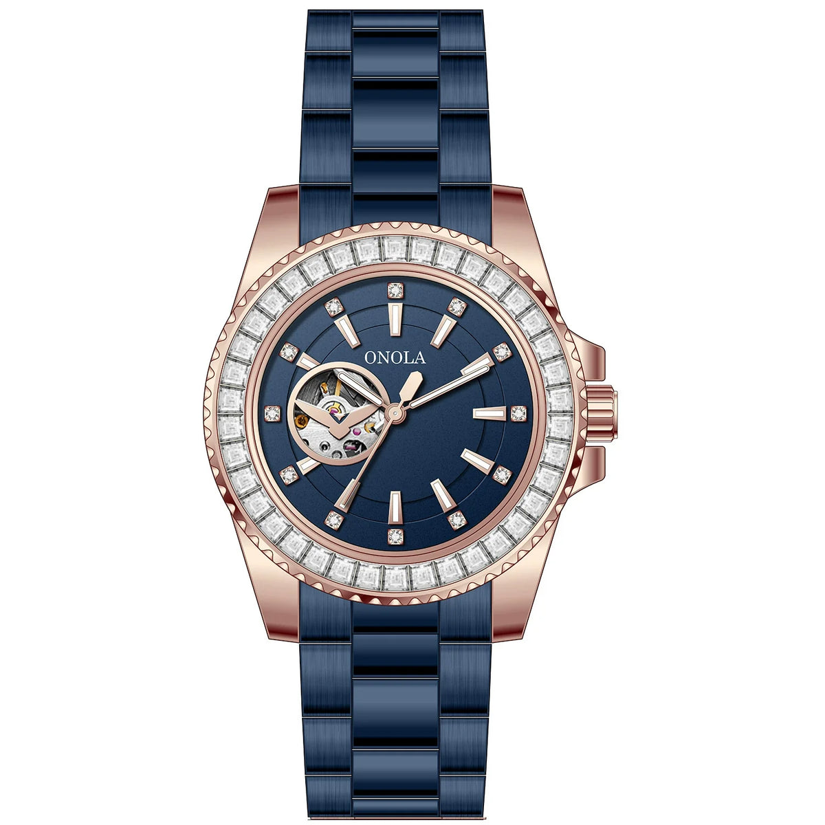 ONOLA Automatic — Steel, Green Baguette Crystal Bezel, Green Skeleton Dial & Steel Bracelet, Men