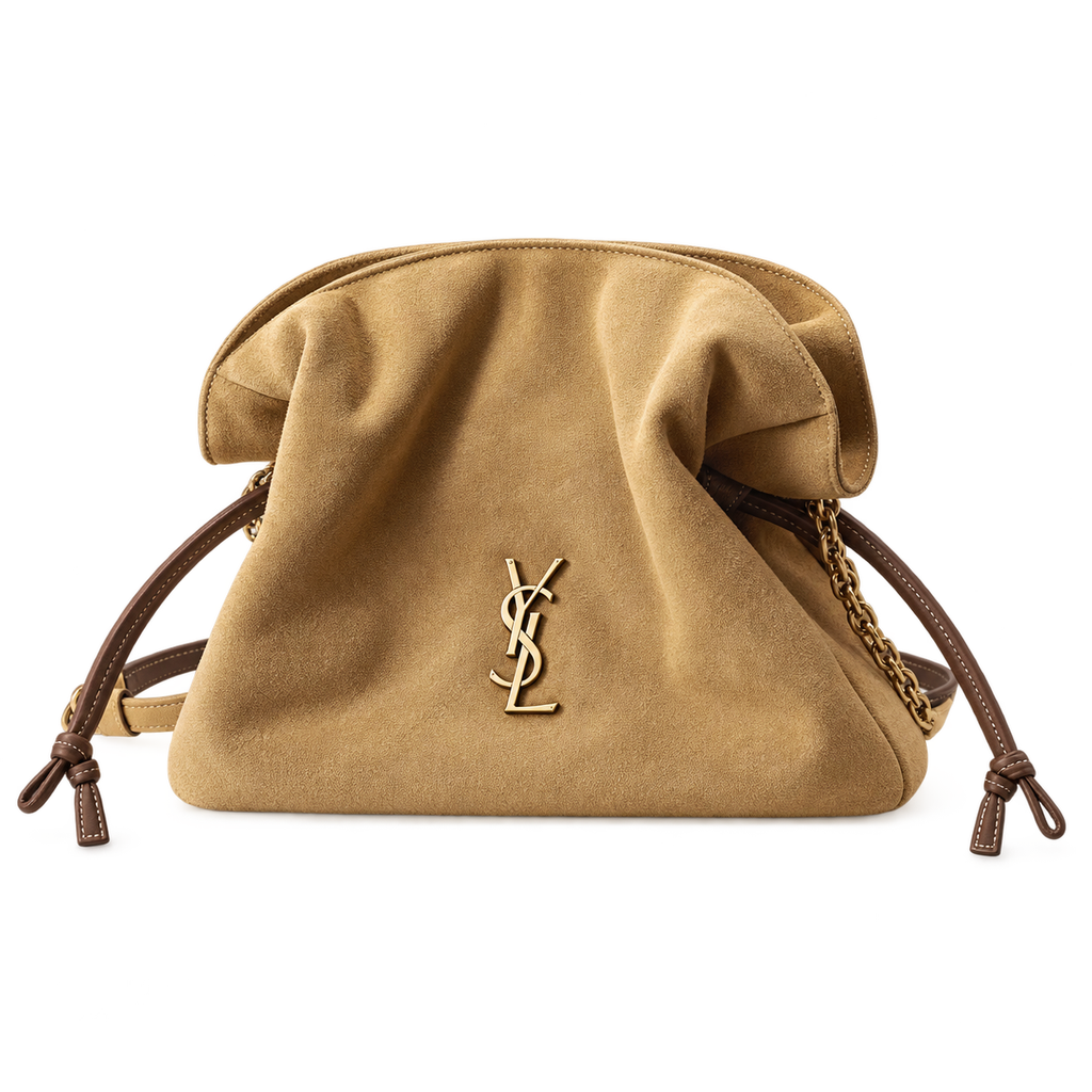 Saint Laurent Calypso drawstring shoulder bag in camel suede with gold YSL monogram and leather tie details